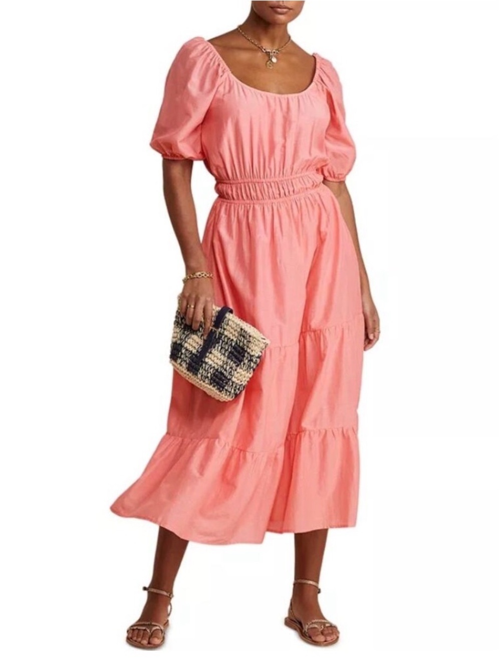 Vineyard Vines Cayman Tiered
Midi Dress Women XS Coral Pink Ruffled Puff Sleeves
